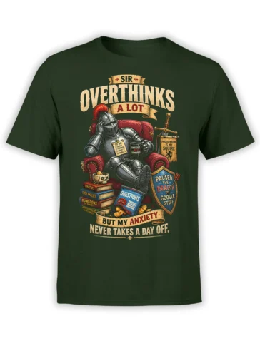 Anxious armored knight sitting in a red armchair with fantasy books and vintage lettering on a dark green T-shirt