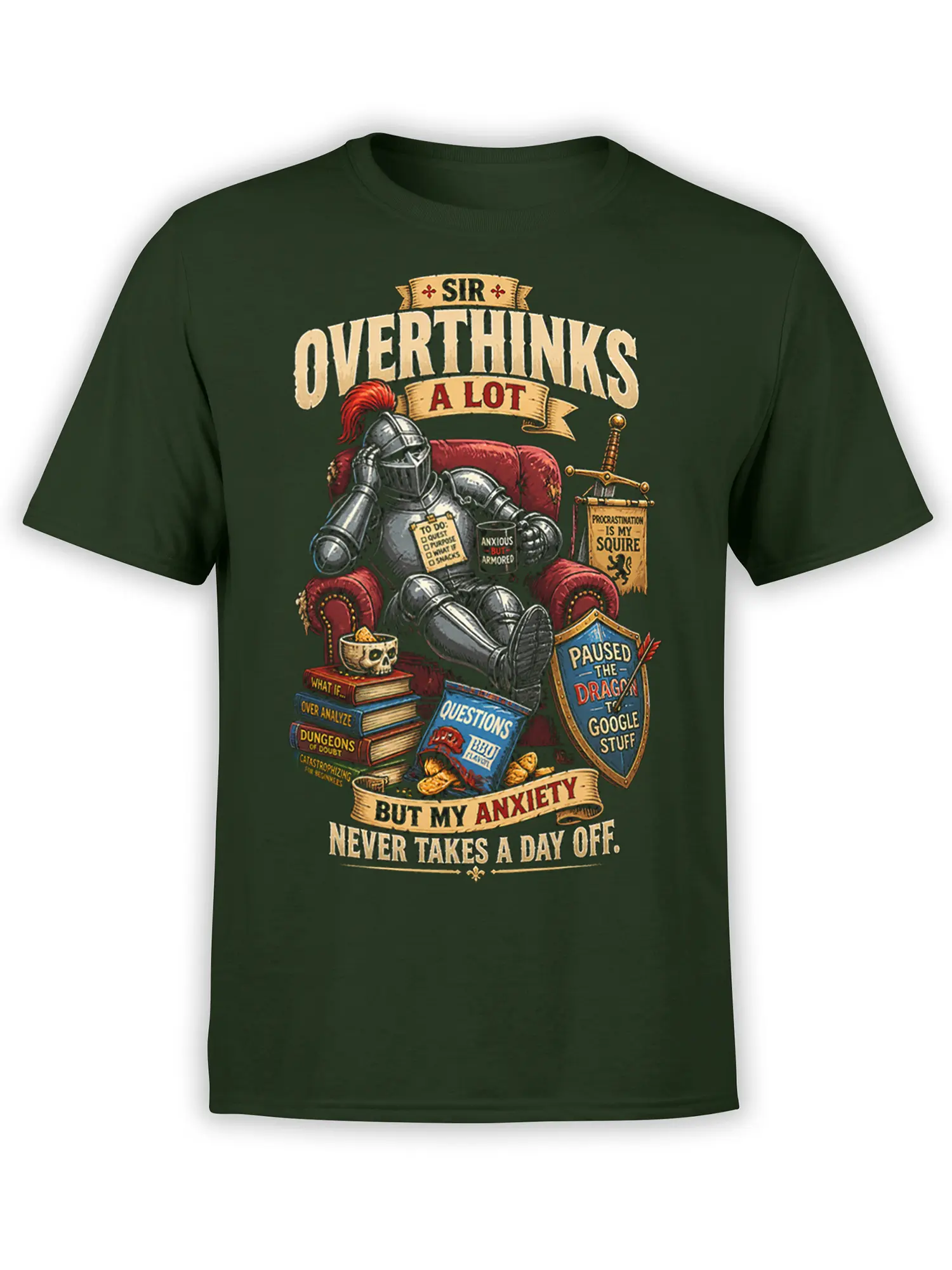 Anxious armored knight sitting in a red armchair with fantasy books and vintage lettering on a dark green T-shirt