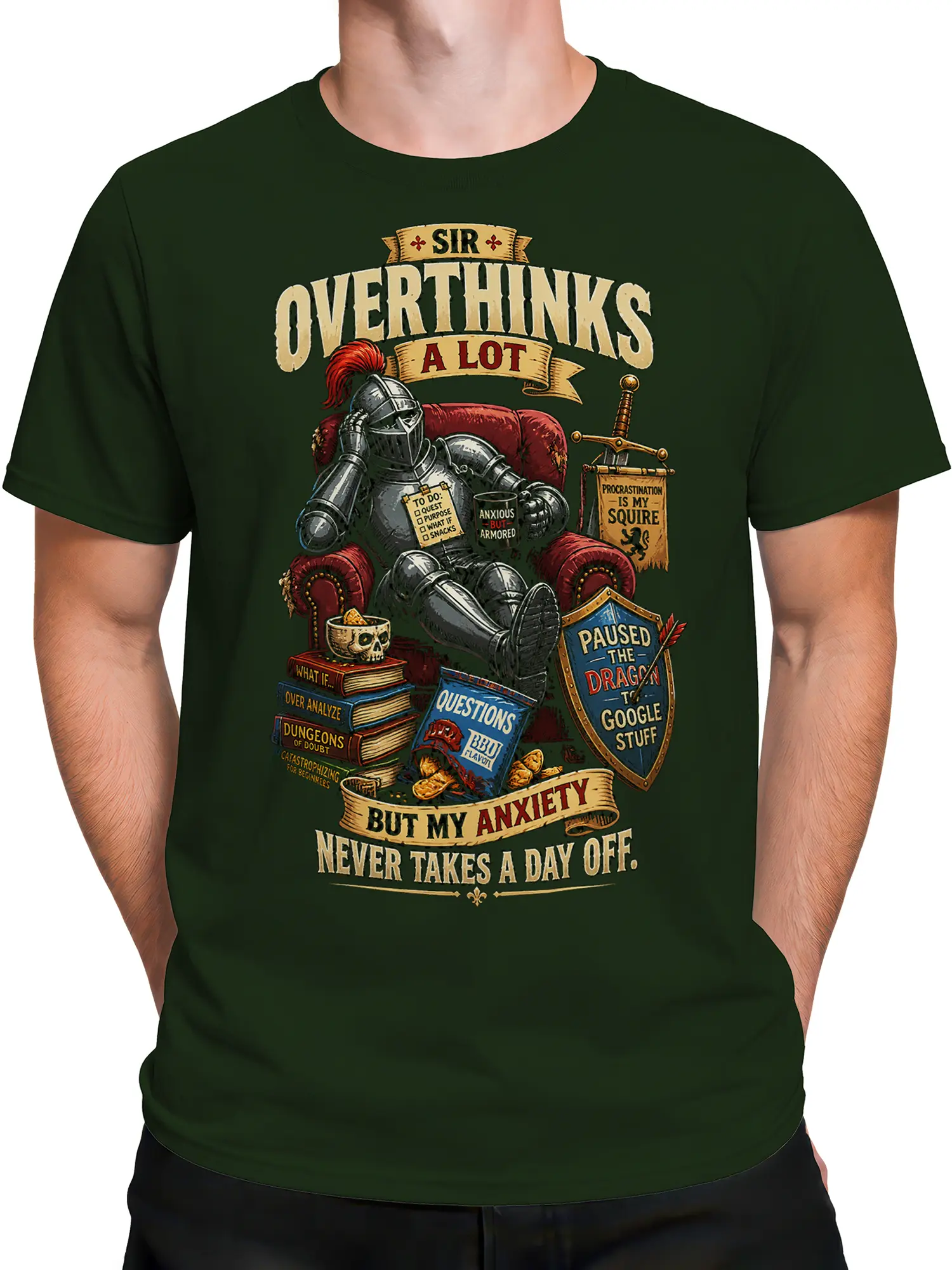 Male torso wearing a dark green T-shirt with an armored knight, fantasy props, and humorous overthinking text