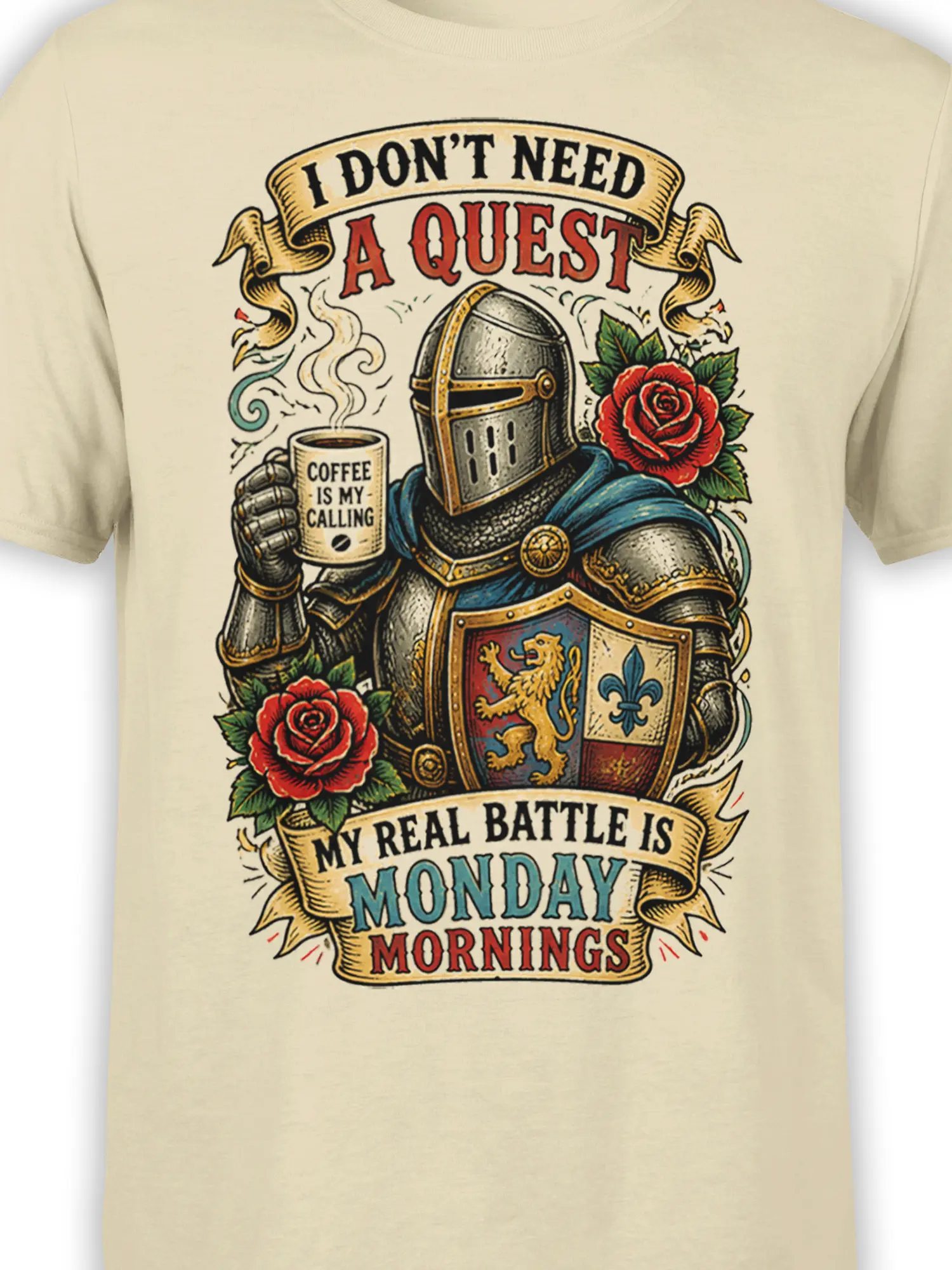 Close-up of armored knight coffee design with roses, heraldic shield, and vintage Monday text on beige fabric