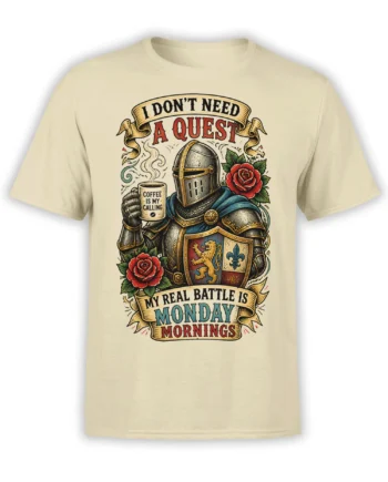 Beige T-shirt with armored knight holding coffee, red roses, heraldic shield, and Monday morning text