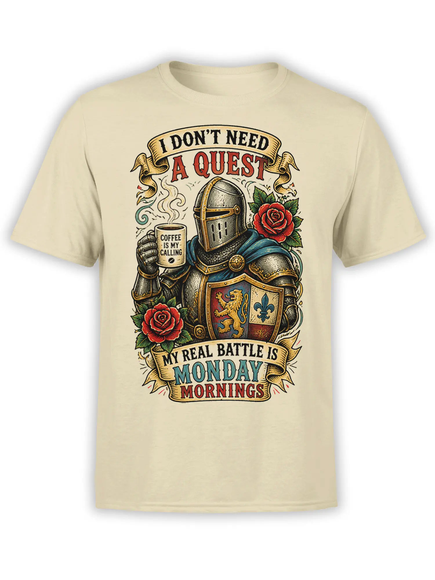 Beige T-shirt with armored knight holding coffee, red roses, heraldic shield, and Monday morning text