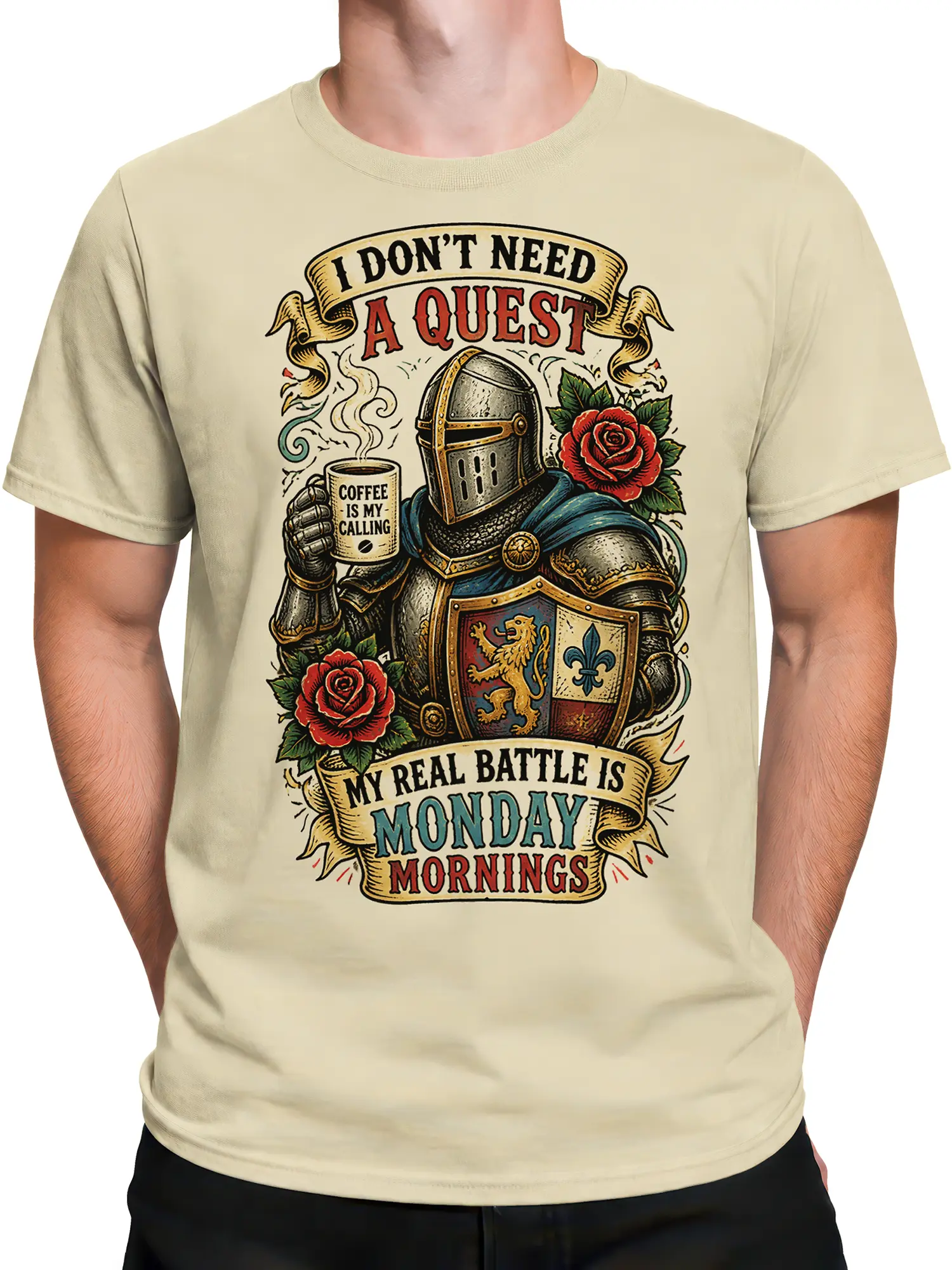 Male torso wearing beige armored knight coffee T-shirt with vintage roses and heraldic artwork