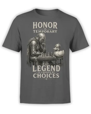 Gray chess T-shirt with an armored knight and helmeted duck playing chess beneath honor and legend lettering