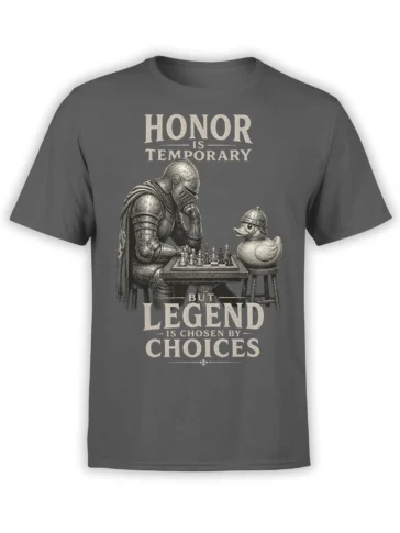 Gray chess T-shirt with an armored knight and helmeted duck playing chess beneath honor and legend lettering