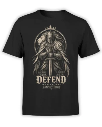 Black T-shirt with vintage lion warrior, crown, sword, shield, and the word Defend in cream lettering