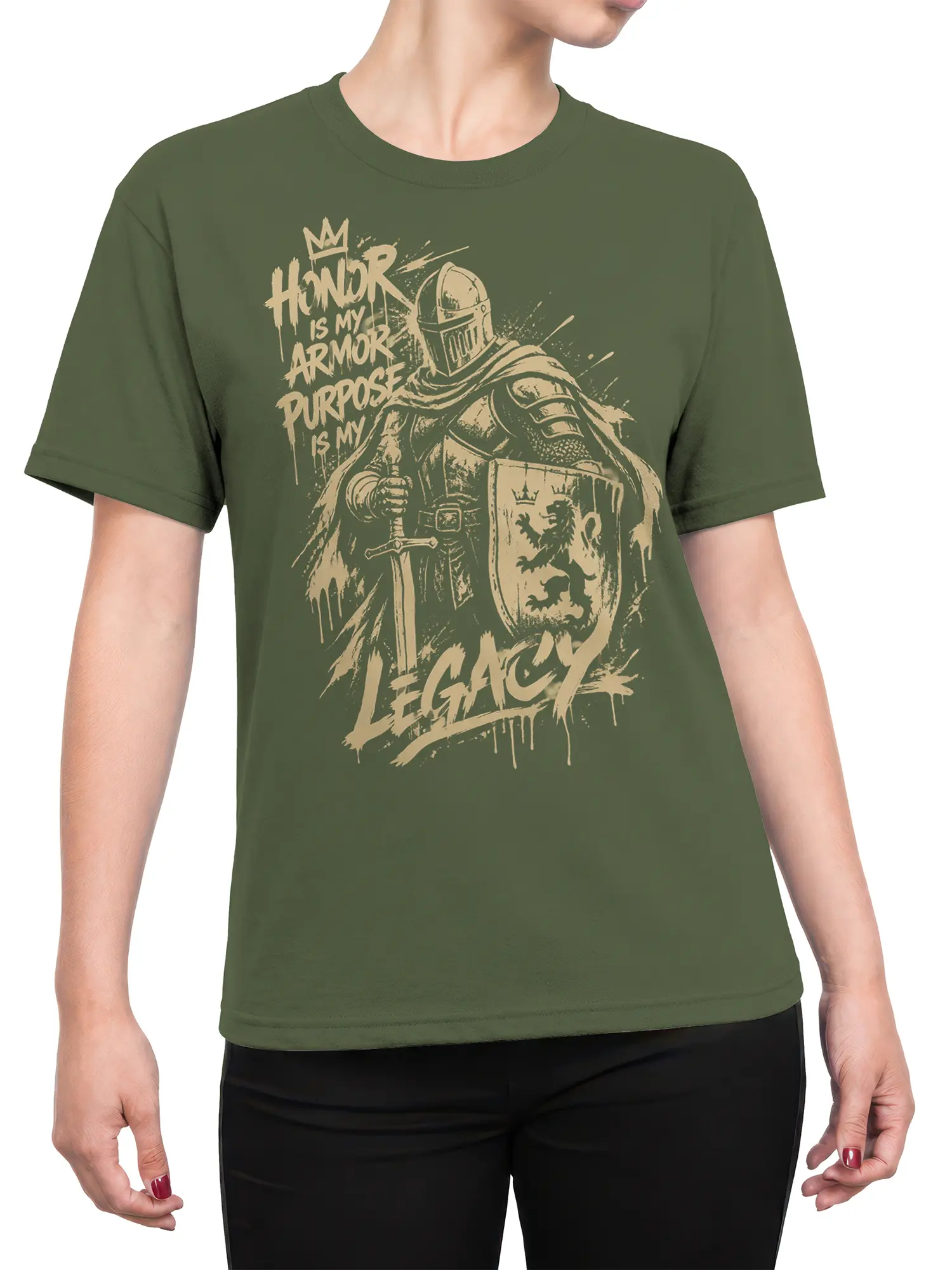 Female torso wearing an olive green knight T-shirt with sword, shield, crown, and purpose and legacy artwork