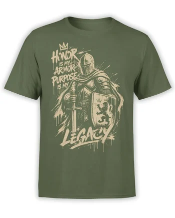 Olive green knight T-shirt with cream sword, lion shield, crown, and Honor Is My Armor lettering