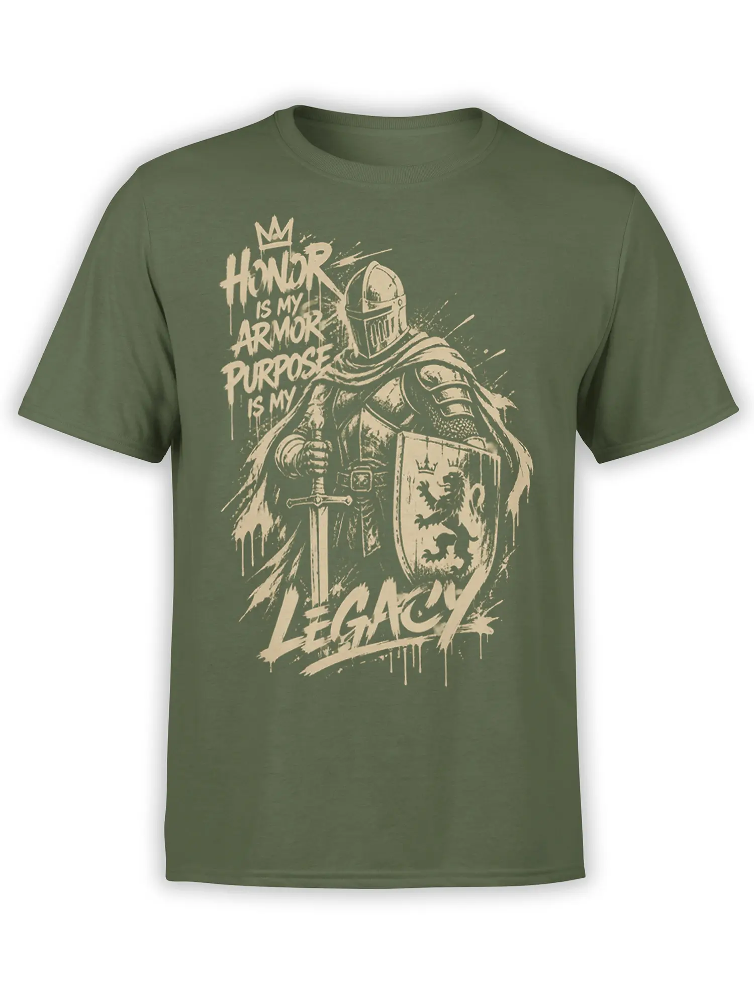 Olive green knight T-shirt with cream sword, lion shield, crown, and Honor Is My Armor lettering