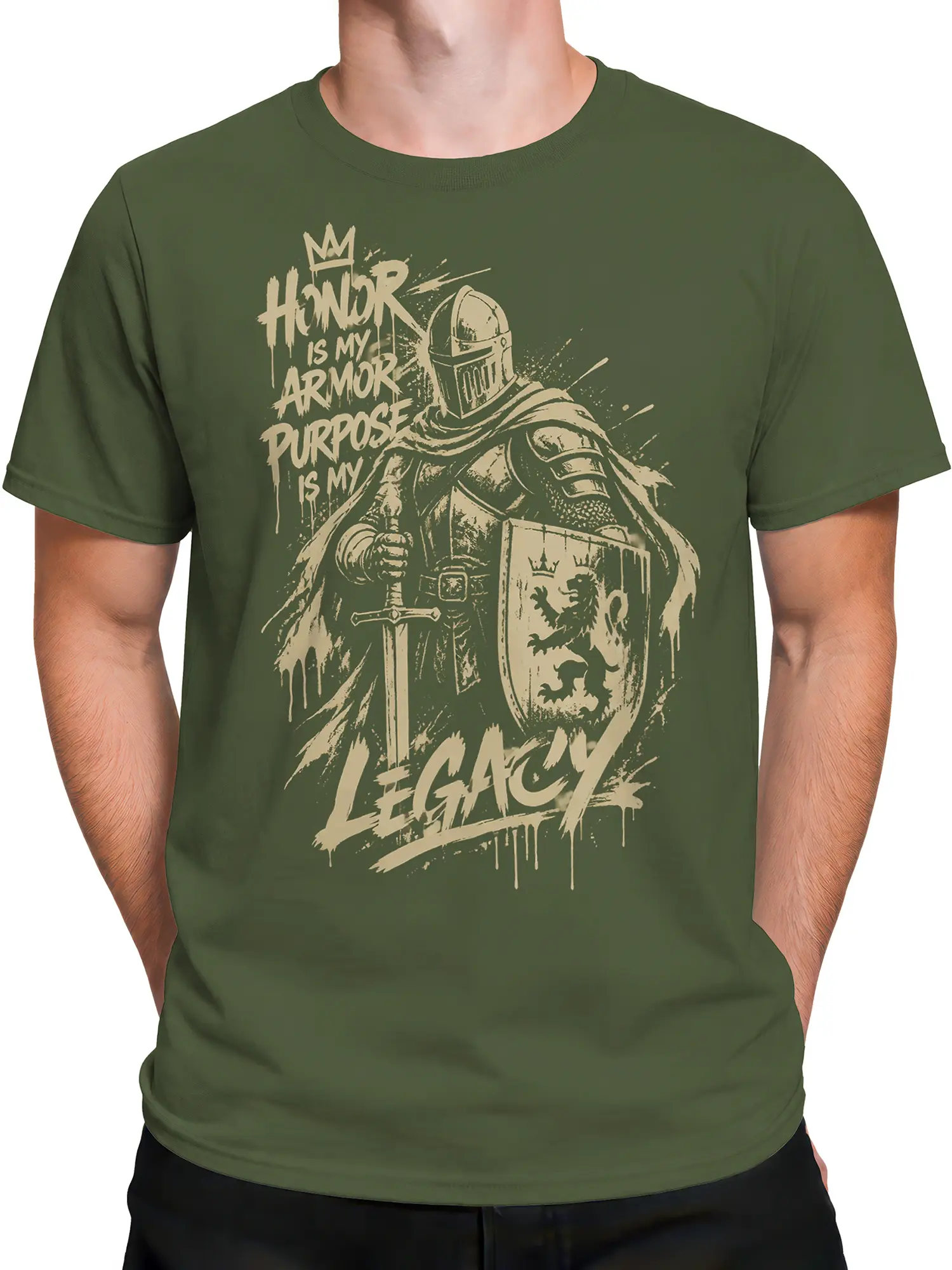 Male torso wearing an olive green medieval knight T-shirt with cream armor and heraldic shield artwork