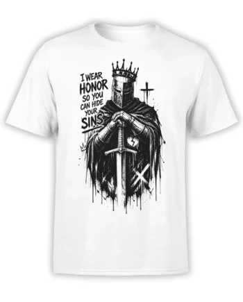 White T-shirt with crowned medieval knight, sword, cross, broken heart, and “I Wear Honor” slogan