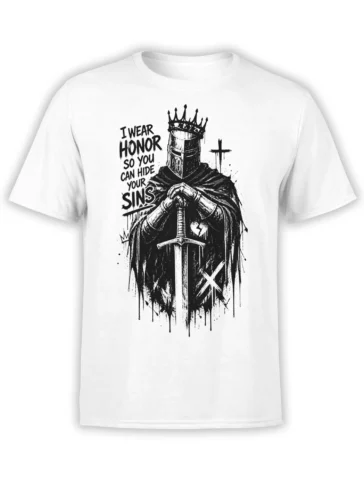 White T-shirt with crowned medieval knight, sword, cross, broken heart, and “I Wear Honor” slogan