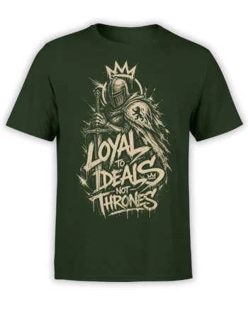 Medieval knight with crown, sword, lion emblem, and Loyal to Deals slogan on a green T-shirt
