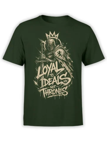 Medieval knight with crown, sword, lion emblem, and Loyal to Deals slogan on a green T-shirt