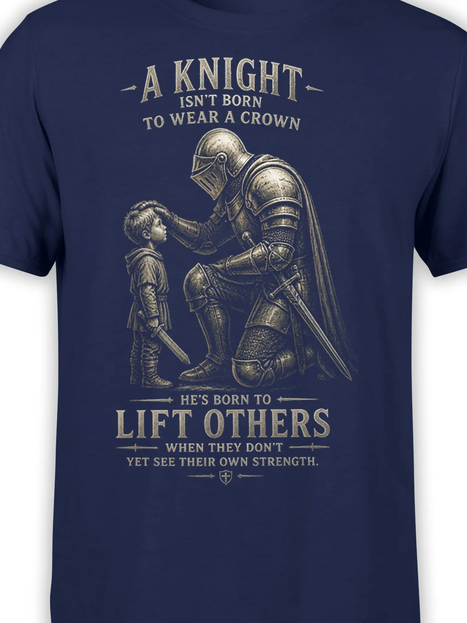 Close-up of armored knight and child warrior artwork with swords on a navy fantasy T-shirt