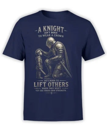 Vintage knight and child warrior design with swords and an inspirational message on a navy T-shirt