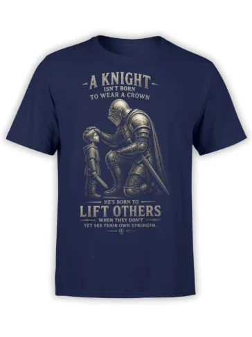 Vintage knight and child warrior design with swords and an inspirational message on a navy T-shirt