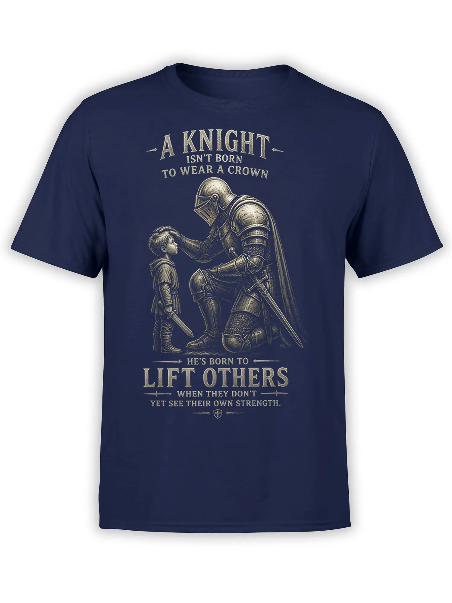 Vintage knight and child warrior design with swords and an inspirational message on a navy T-shirt