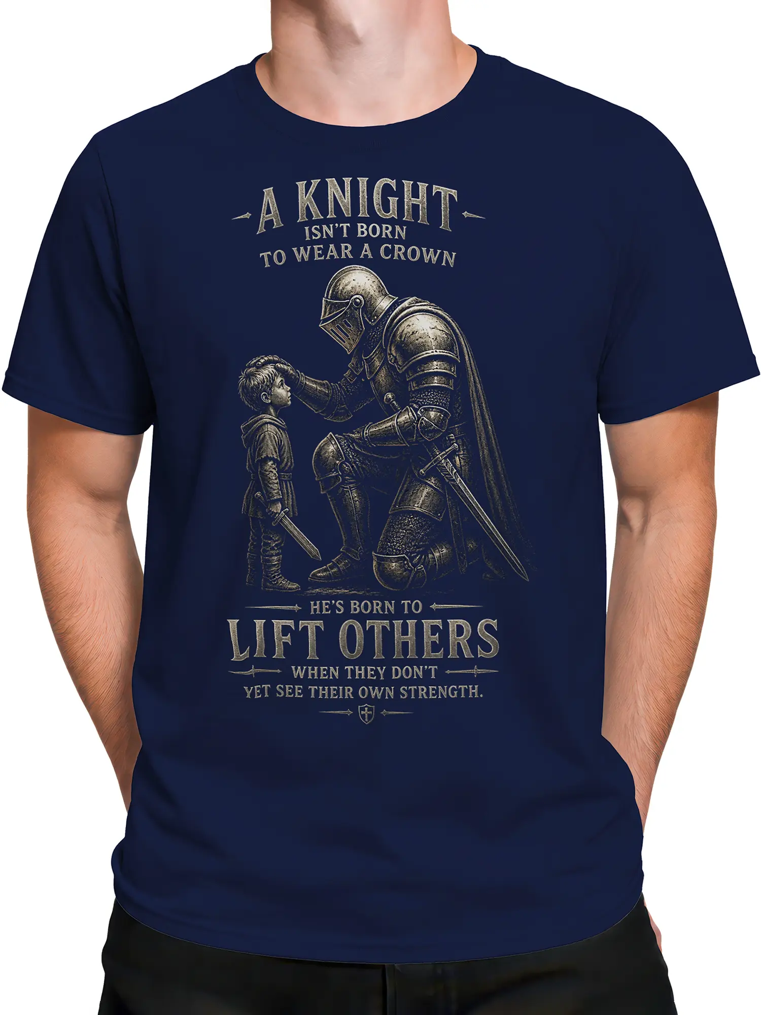 Male torso wearing a navy T-shirt with an inspirational medieval knight graphic