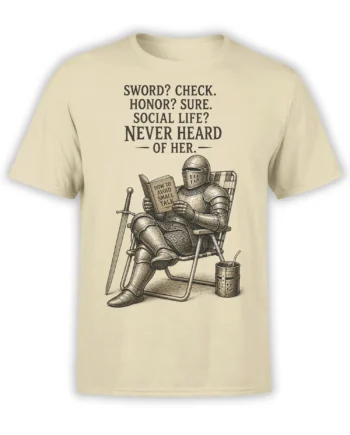 Beige T-shirt with seated armored knight reading How to Avoid Small Talk beside a sword