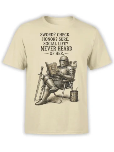 Beige T-shirt with seated armored knight reading How to Avoid Small Talk beside a sword