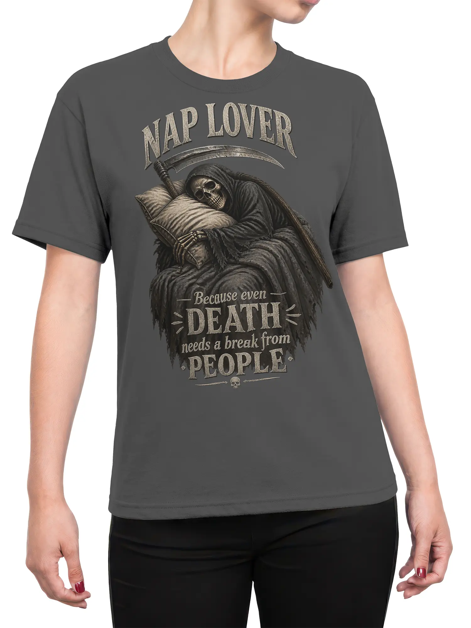 Female torso wearing a gray Grim Reaper nap lover T-shirt with vintage lettering and detailed skull artwork