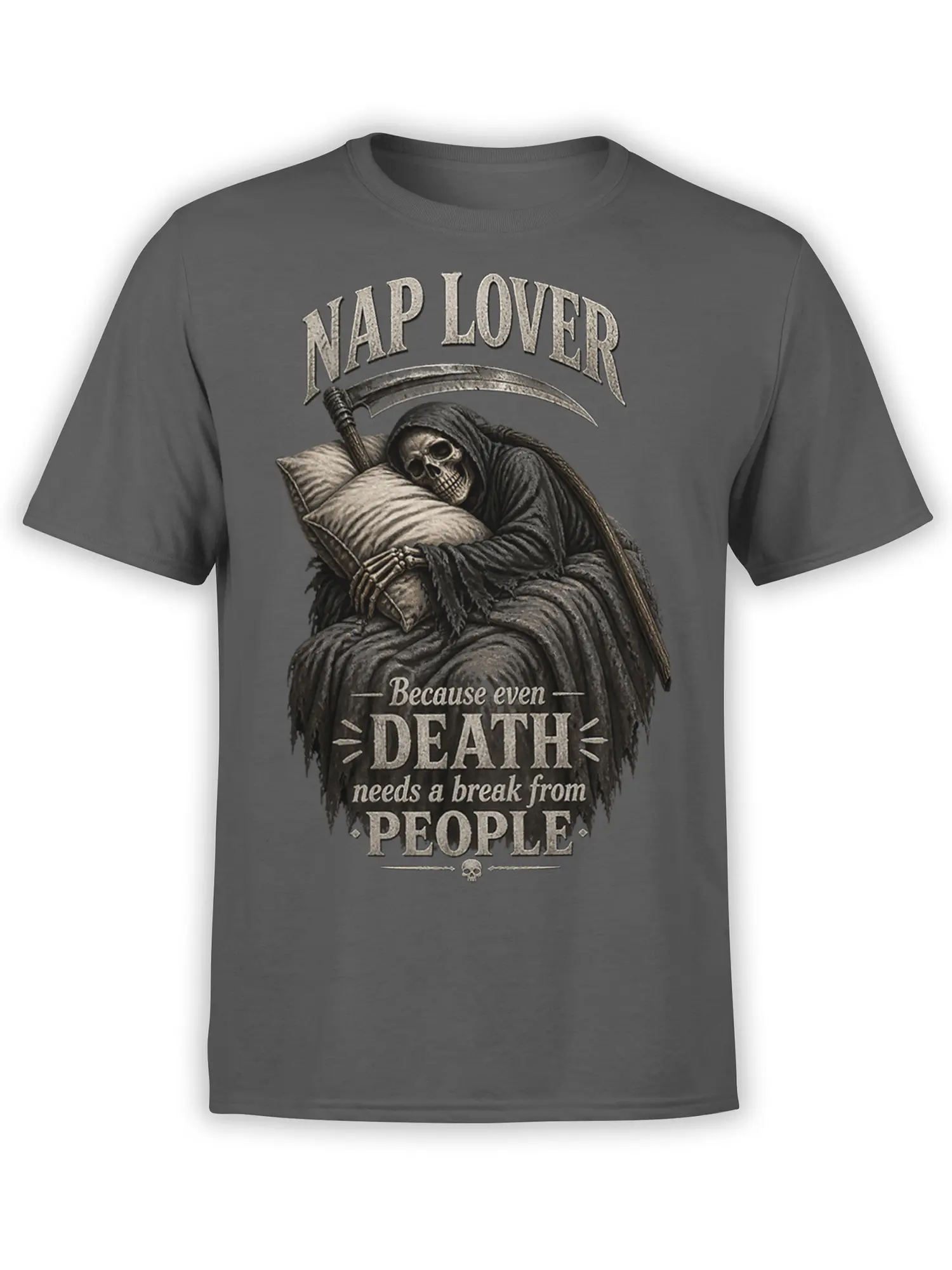 Gray T-shirt featuring a sleeping Grim Reaper with a scythe, pillow, skull artwork, and “Nap Lover” lettering