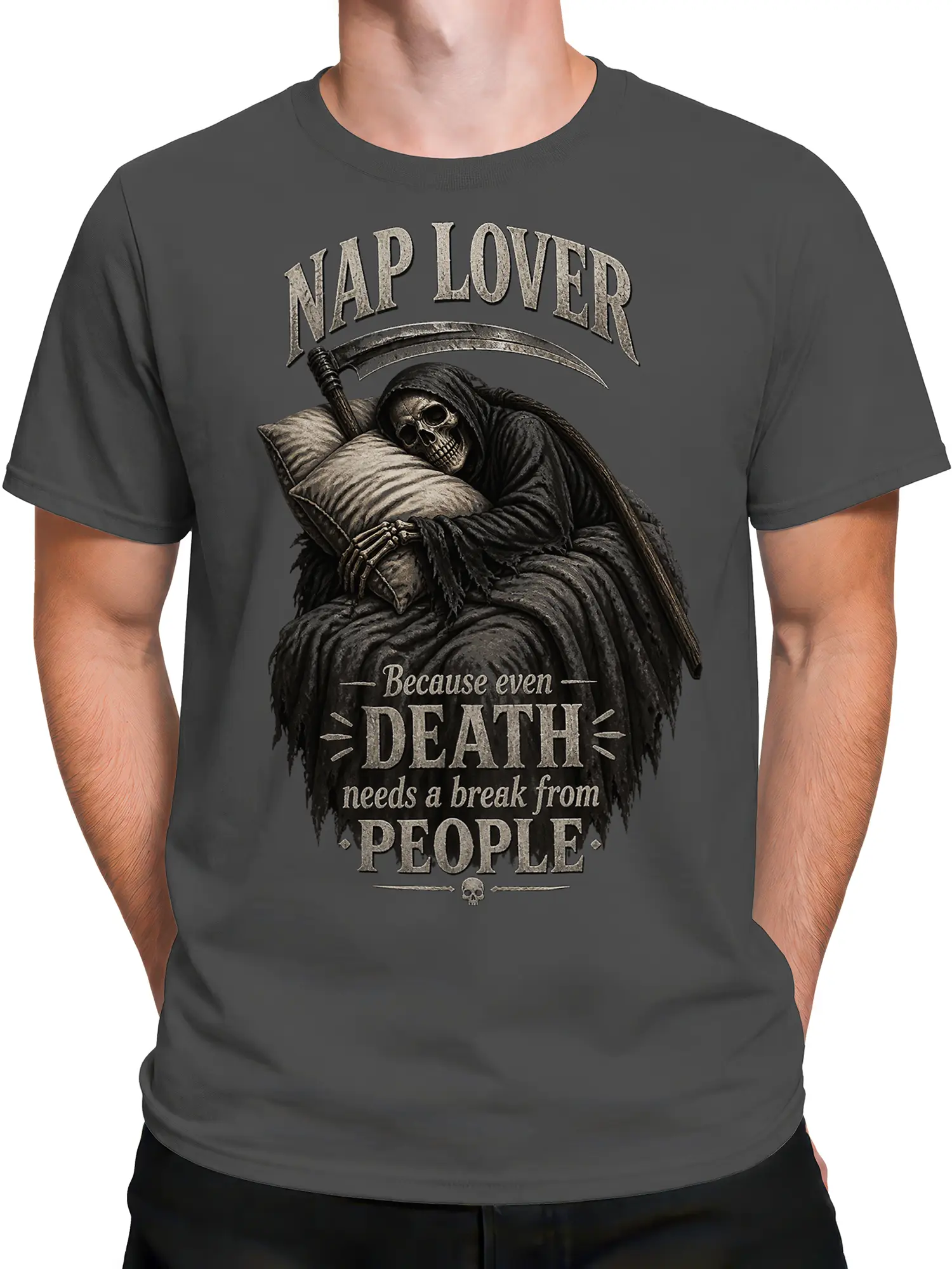 Male torso wearing a gray sleeping Grim Reaper T-shirt with scythe artwork and bold vintage nap lettering