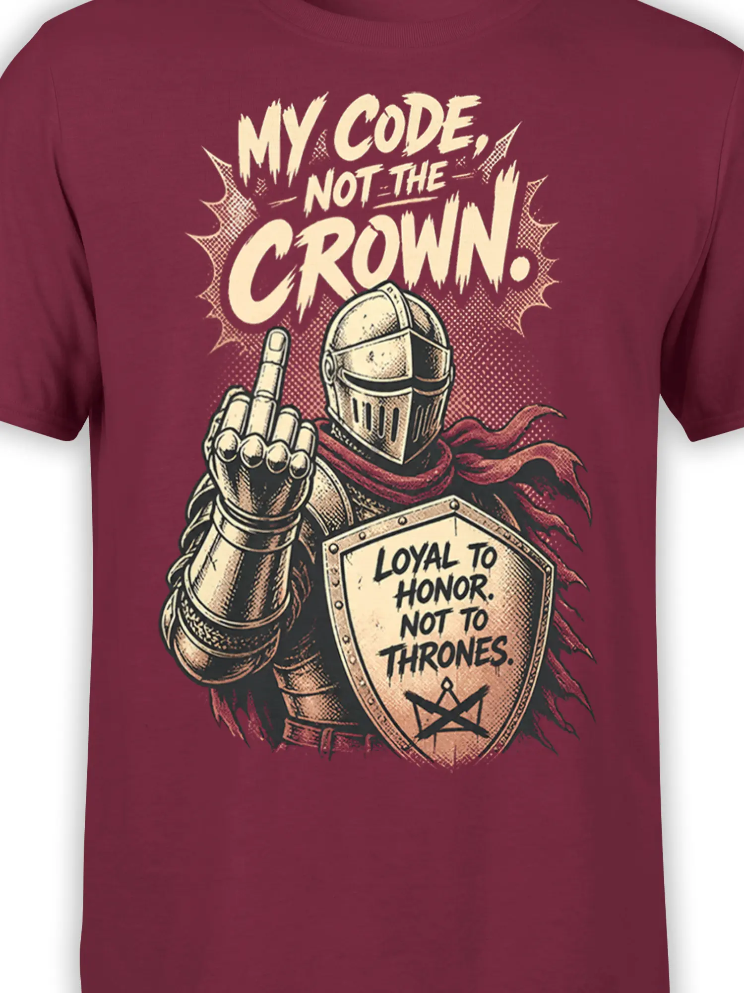 Close-up of armored medieval knight graphic on burgundy shirt with shield and rebellious honor lettering