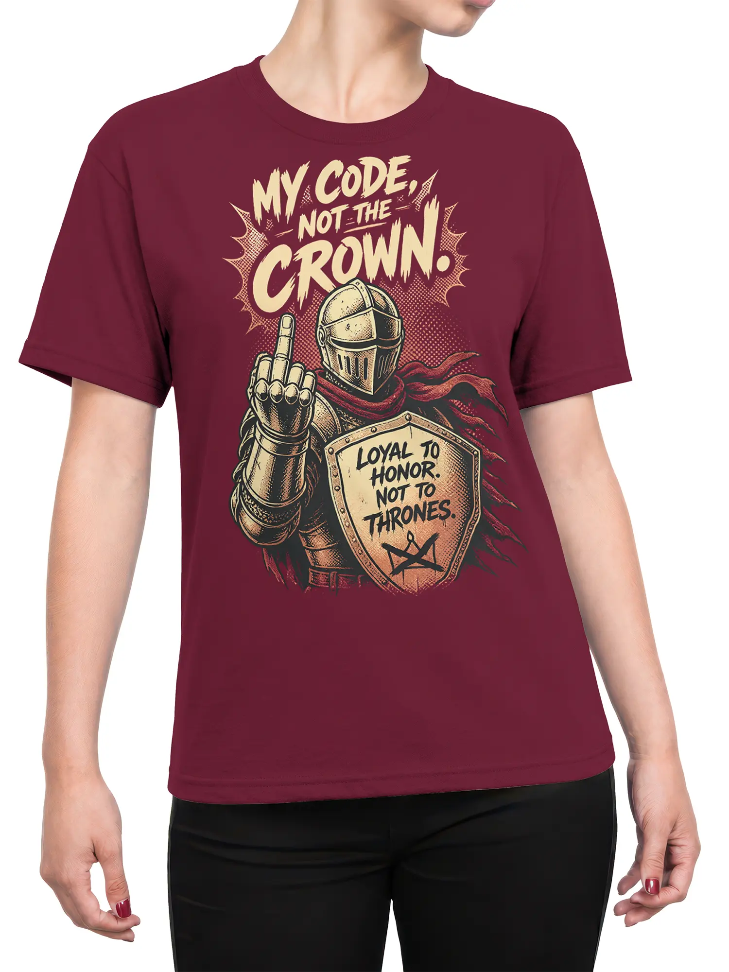 Female torso wearing burgundy knight T-shirt with armored warrior, shield, and vintage fantasy artwork