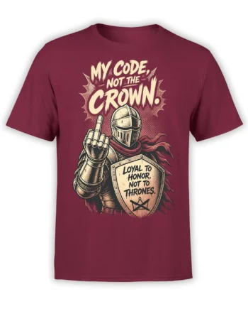 Burgundy knight T-shirt with armored medieval warrior, raised gauntlet, shield, and honor slogan