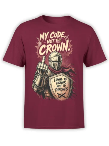 Burgundy knight T-shirt with armored medieval warrior, raised gauntlet, shield, and honor slogan