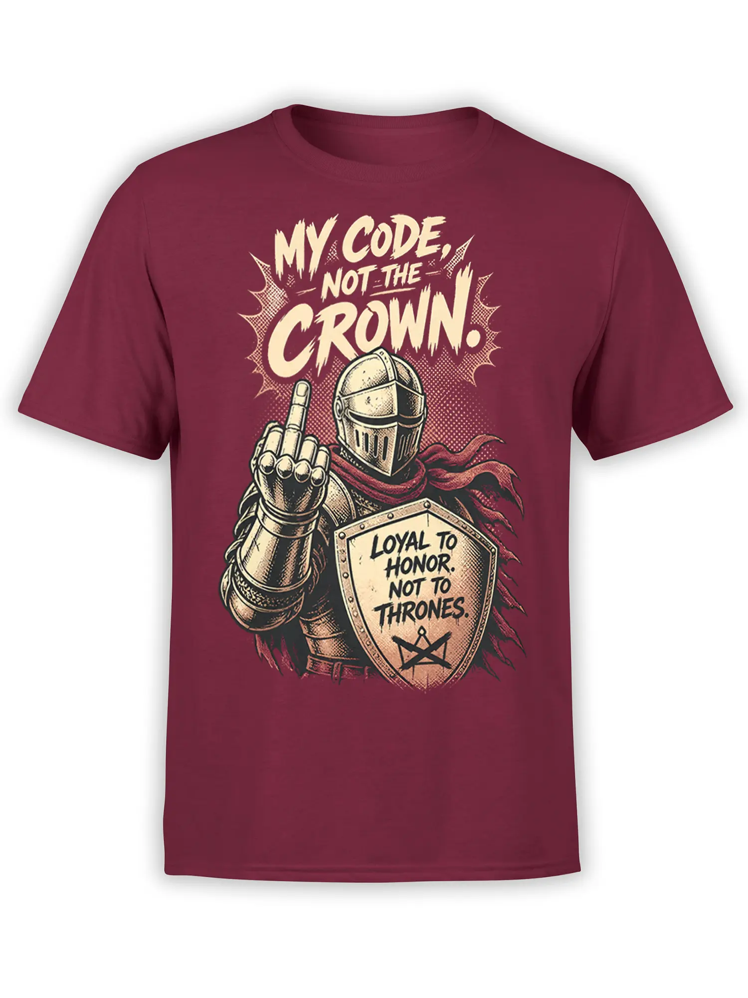 Burgundy knight T-shirt with armored medieval warrior, raised gauntlet, shield, and honor slogan