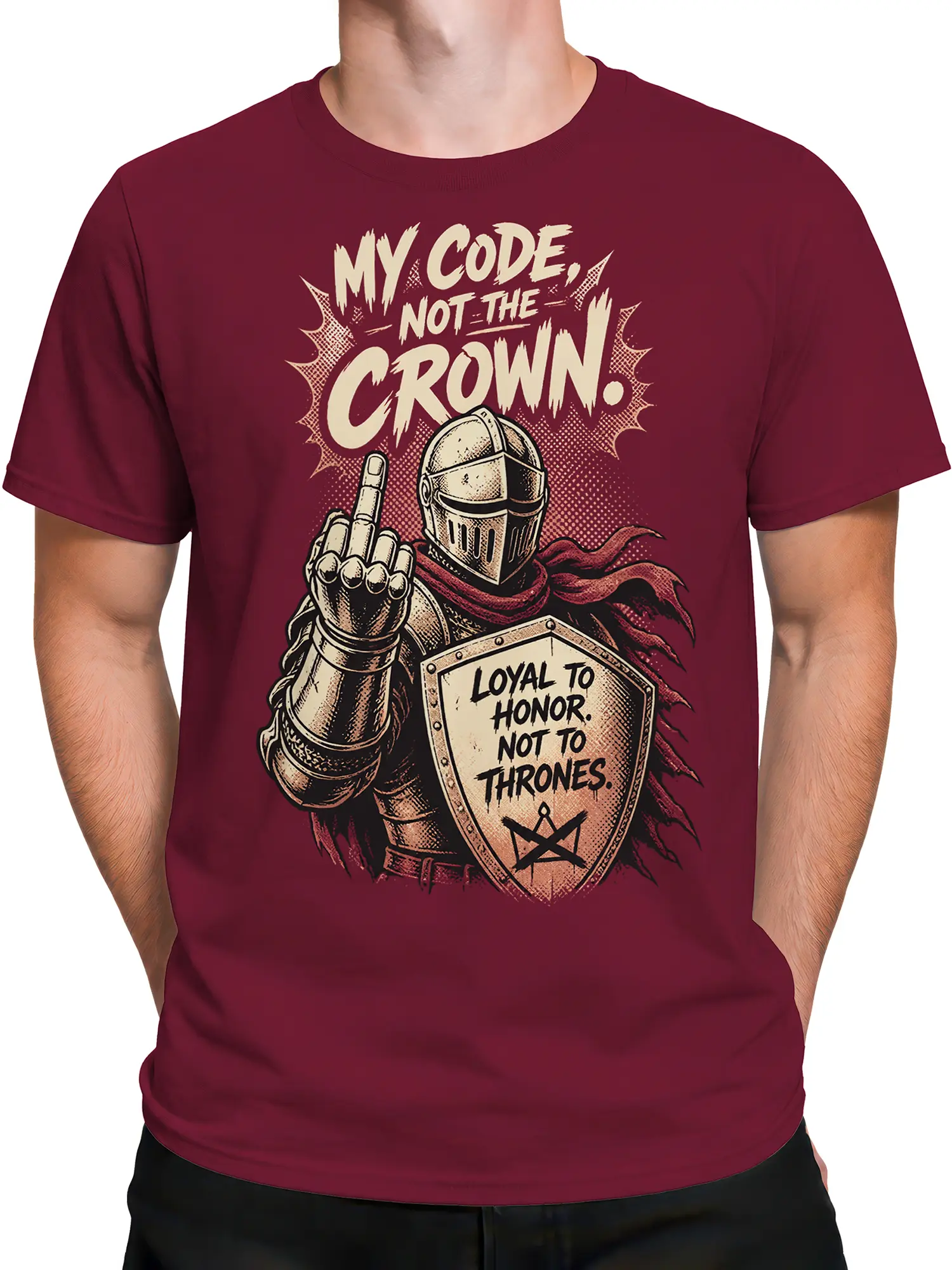 Male torso wearing burgundy medieval knight T-shirt with raised gauntlet and honor-themed shield
