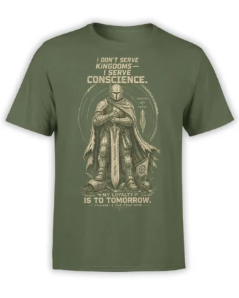 Armored knight fantasy T-shirt in green with sword and conscience message