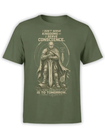 Armored knight fantasy T-shirt in green with sword and conscience message