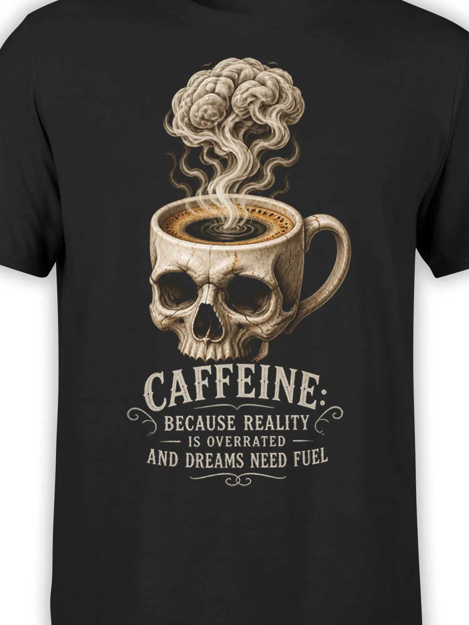Close-up of the skull coffee mug, swirling steam, and cream vintage lettering on a black T-shirt
