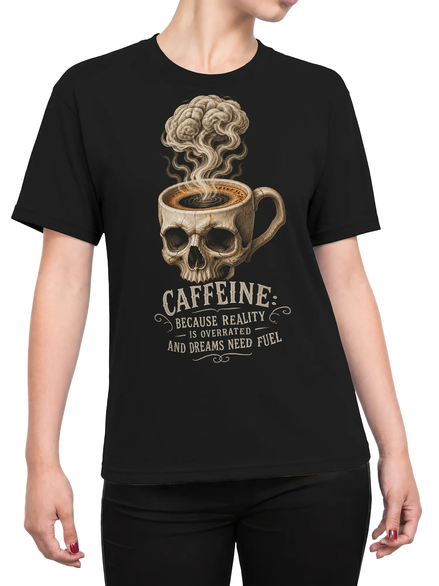 Female torso wearing a black coffee T-shirt with a skull mug, steaming brain, and vintage dream-themed text