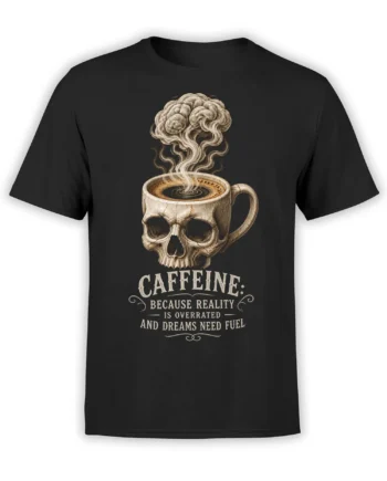 Black coffee t-shirt featuring a skull-shaped mug, steaming brain, and vintage caffeine message