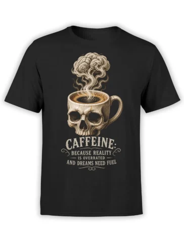 Black coffee t-shirt featuring a skull-shaped mug, steaming brain, and vintage caffeine message