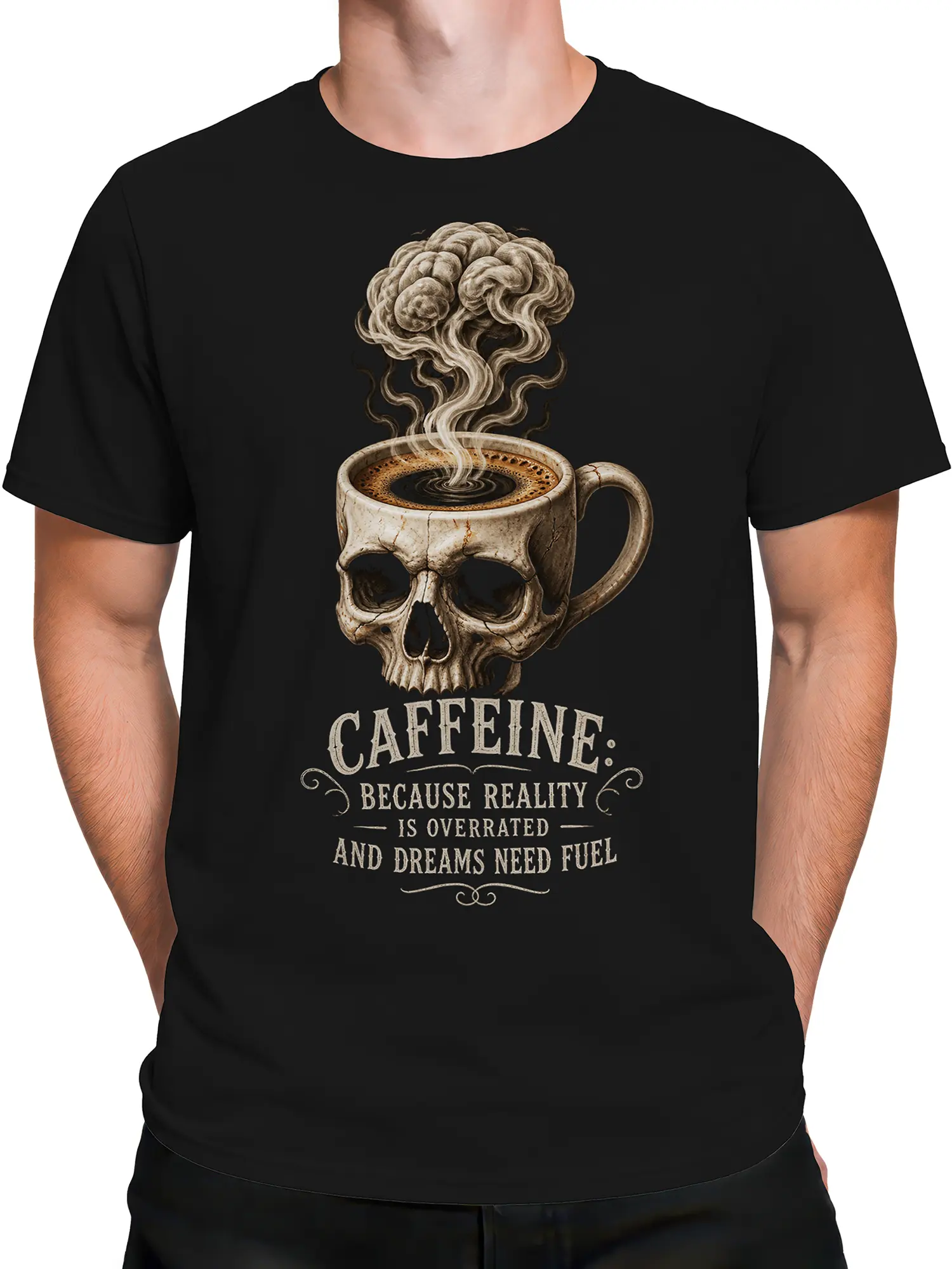 Male torso wearing a black coffee T-shirt with a skull mug, steaming brain, and vintage caffeine message