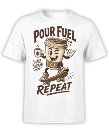 White coffee t-shirt with a smiling takeaway cup skateboarding under bold Pour Fuel lettering
