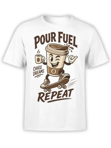 White coffee t-shirt with a smiling takeaway cup skateboarding under bold Pour Fuel lettering