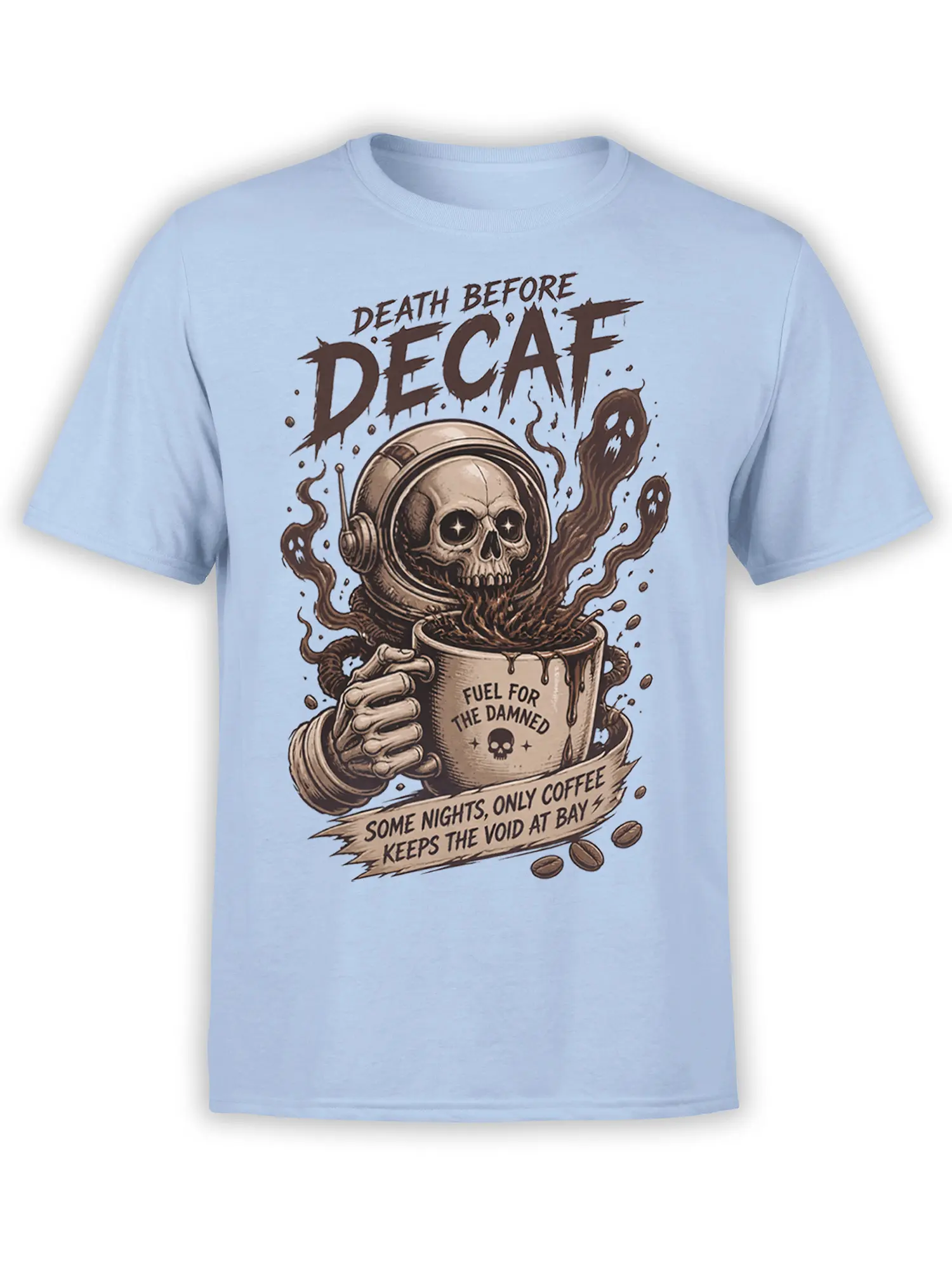 Light blue coffee T-shirt with a skull in a helmet, ghostly smoke, and Death Before Decaf artwork