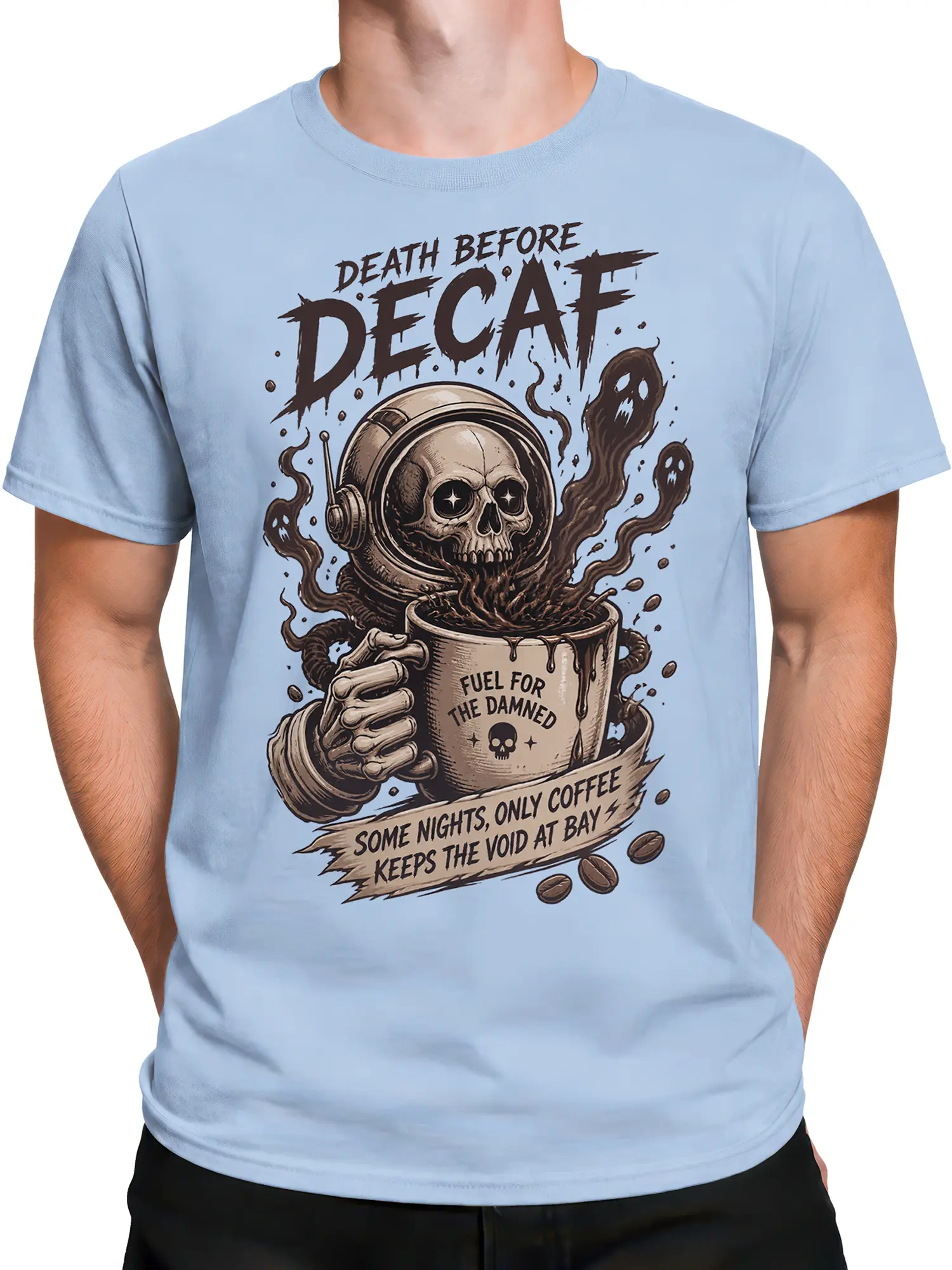 Male torso wearing a light blue coffee T-shirt with skull coffee mug and Death Before Decaf design