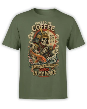 Green T-shirt with a skull samurai holding coffee beside a koi fish, waves, cherry blossoms, and vintage lettering