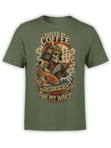 Green T-shirt with a skull samurai holding coffee beside a koi fish, waves, cherry blossoms, and vintage lettering