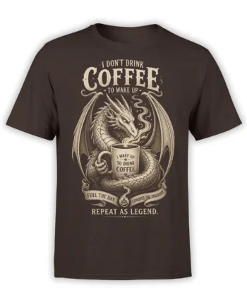 Winged dragon holding coffee mug on brown shirt with vintage caffeine lettering and fantasy artwork