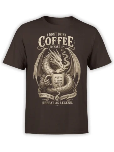 Winged dragon holding coffee mug on brown shirt with vintage caffeine lettering and fantasy artwork