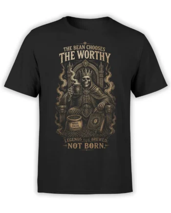 Black coffee T-shirt with crowned skull on throne, steaming mug, coffee beans, and vintage motivational lettering